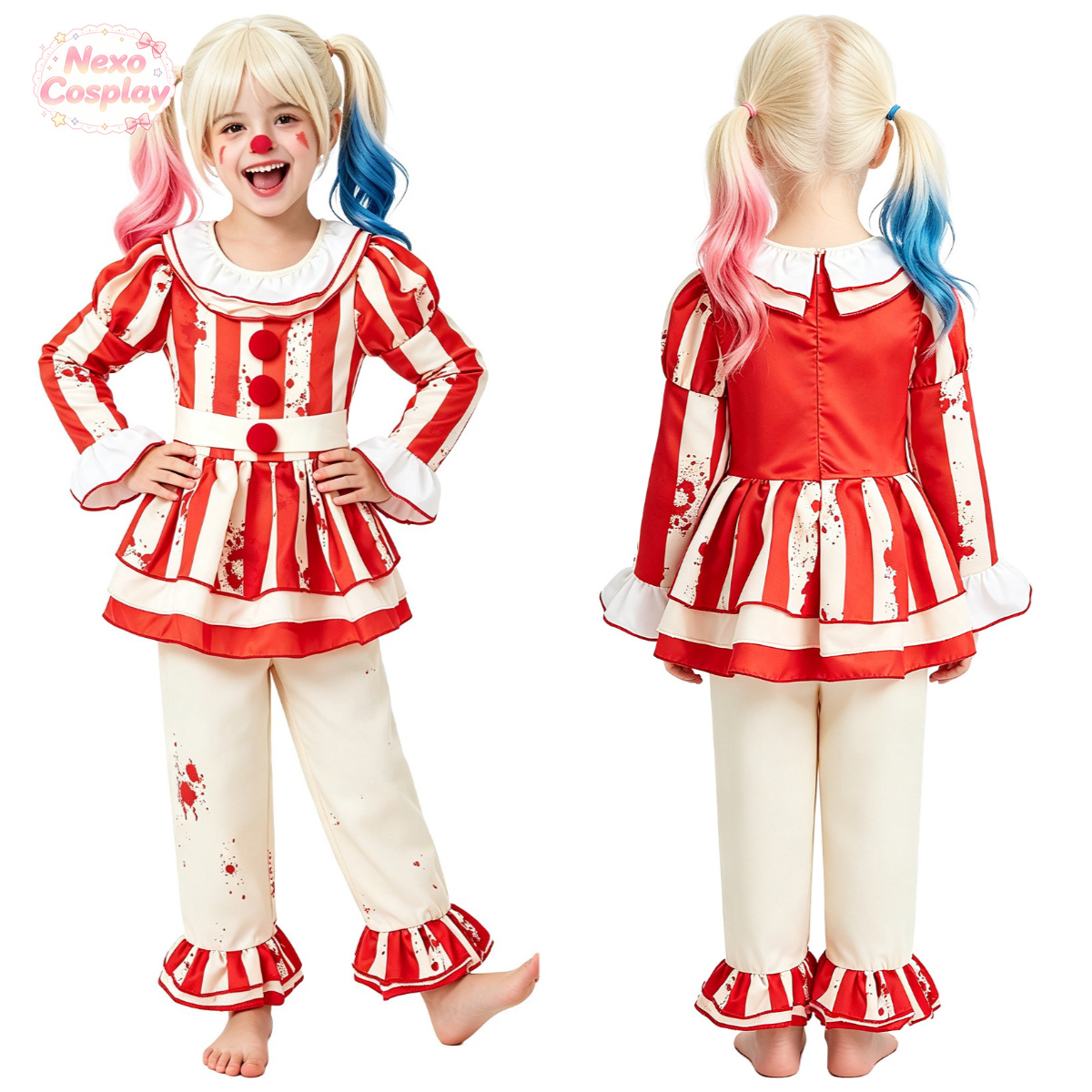 Anime Cosplay Kid - Kids Red White Striped Horror Clown