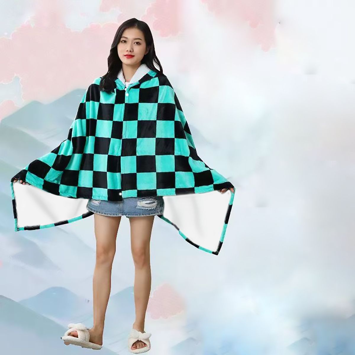Anime Cosplay Nezuko - Anime Flannel Blanket Hoodie Shawl Demon