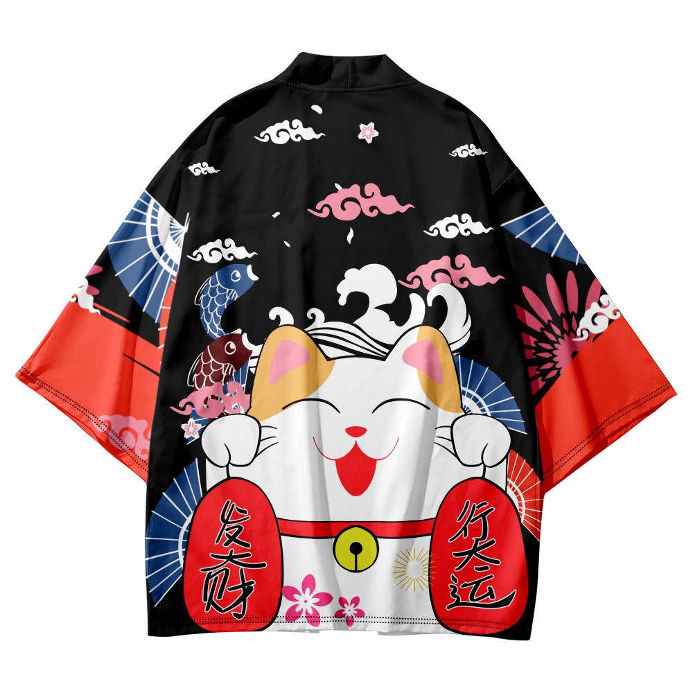 Asian Cosplay Anime - Yukata Cosplay Cat Print Cardigan Samurai