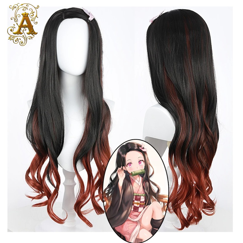 Anime Cosplay Nezuko - Black Dark Red Gradient Color Curly